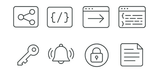 Line vector icons of API integration: REST icon, endpoint path, fetch request, JSON response, API key, webhook alert, OAuth token, documentation file.