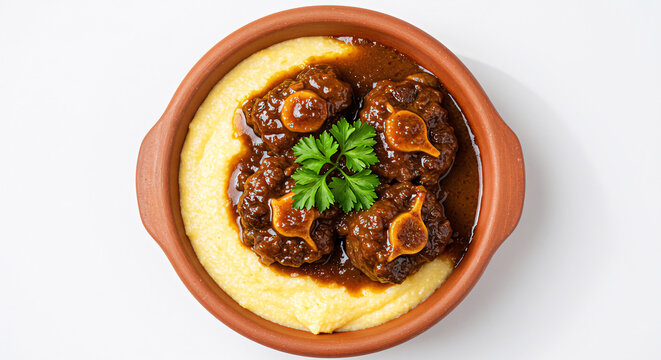 Rabada oxtail stew with thick sauce and parsley garnish, placed with polenta, overhead view, white background

