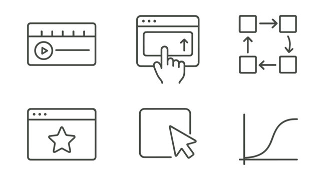 Line vector icons of site animation: animation timeline, scroll effect, keyframes icon, CSS transition, motion path, hover state, animated loader, easing curve.