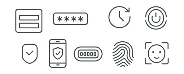 Line vector icons of authentication: login form, password field, 2FA device, auth token, session timeout, fingerprint icon, face ID, captcha icon.