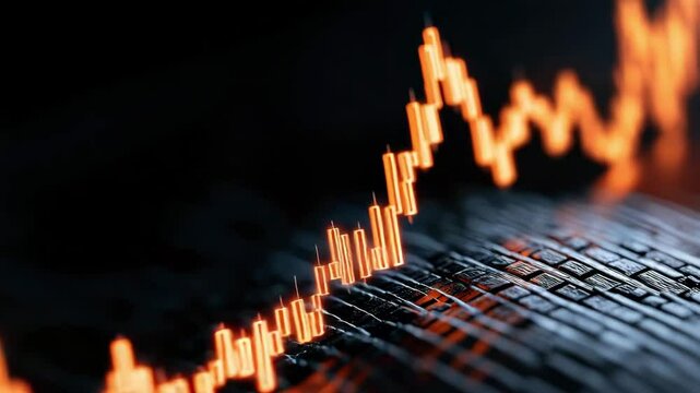 Orange glowing financial chart with candlestick pattern showing growth trend dark textured surface