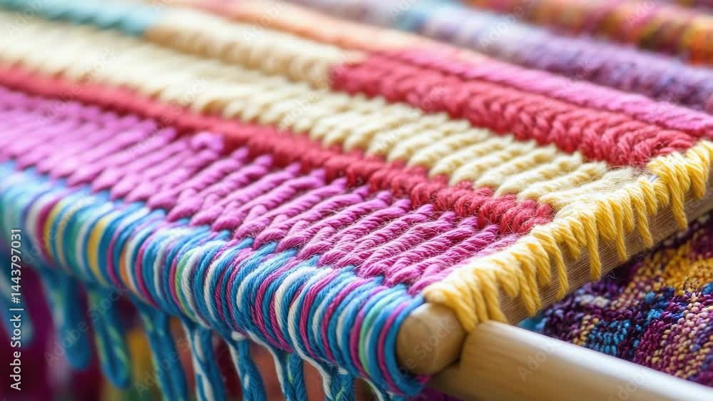 Poster Close-up view of a traditional weaving loom on a table, great for textiles, crafting and DIY projects
