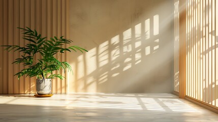 Modern Japandi interior corner with light wood, a zen plant, and soft sunlight.