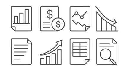 Line vector icons of financial reports: bar graph, earnings chart, profit icon, loss tracker, report sheet, growth arrow, expense table, audit document.