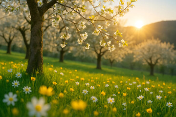 Spring nature landscape with yellow flowers field and trees