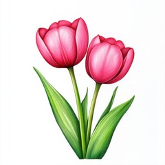 Fototapeta premium Bright Pink Tulips with Green Leaves on a Clean White Background