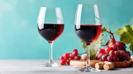 An elegant arrangement featuring two glasses of red wine accompanied by fresh grapes and corks, perfect for a stylish evening or romantic gathering. Cheers to good company!