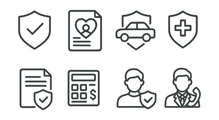 Line vector icons of insurance services: insurance shield, life policy, car coverage, health plan, claim document, premium calculator, insured icon, agent contact.