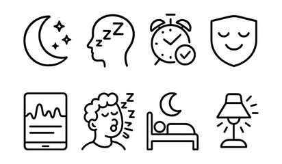 Line vector icons of sleep tracking: moon symbol, sleep stages, bedtime alarm, sleep score, sleep graph, snoring icon, deep sleep, wake-up light.