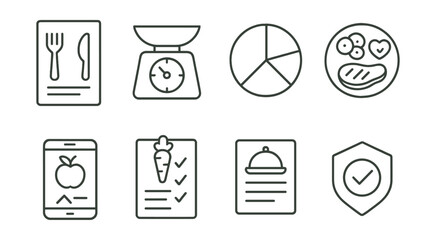Line vector icons of diet and nutrition: meal plan, food scale, macro chart, healthy plate, calorie tracker, grocery list, recipe card, diet badge.