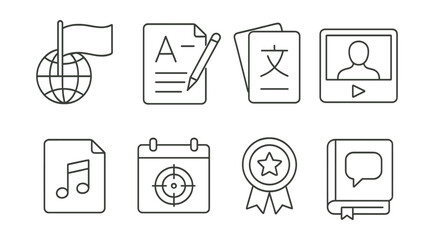 Line vector icons of language courses: flag globe, grammar icon, flashcards, lesson video, audio file, daily goal, achievement badge, phrasebook.