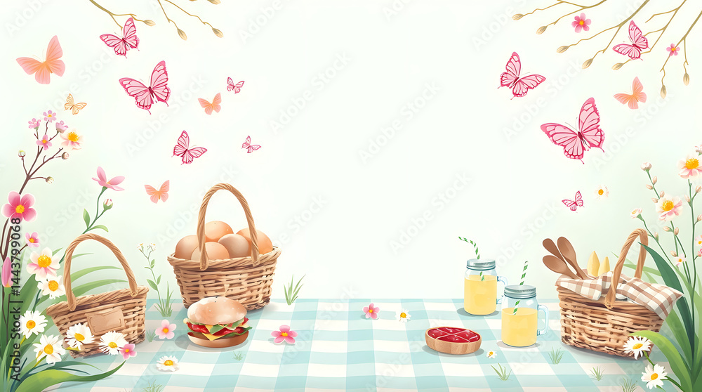 Poster whimsical spring picnic scene with floating butterflies and baskets