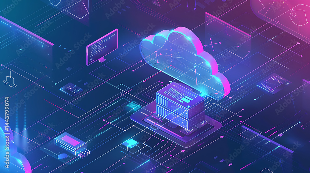 Aufkleber imaginative isometric visualization of cloud computing technology, featuring server racks, cloud sym