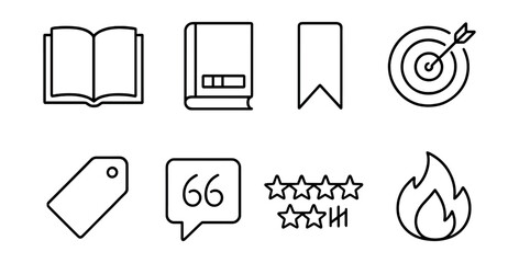 Line vector icons of reading tracker: book icon, chapter progress, bookmark, reading goal, genre tag, quote save, rating stars, reading streak.