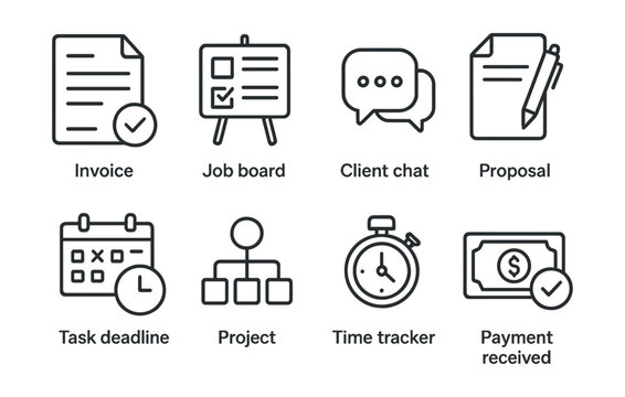 Line vector icons of freelance tools: invoice sheet, job board, client chat, proposal file, task deadline, project icon, time tracker, payment received.