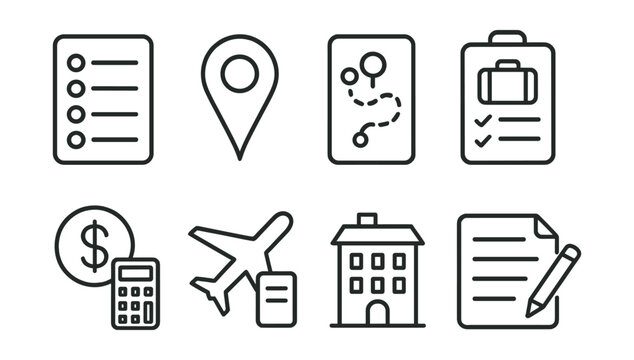 Line vector icons of travel planner apps: trip list, destination pin, itinerary icon, packing checklist, travel budget, flight info, hotel booking, travel notes.
