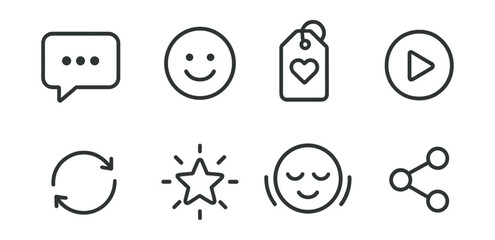 Line vector icons of daily affirmation tools: quote bubble, positive icon, mantra tag, voice play, repeat loop, star glow, calm tone, share button.