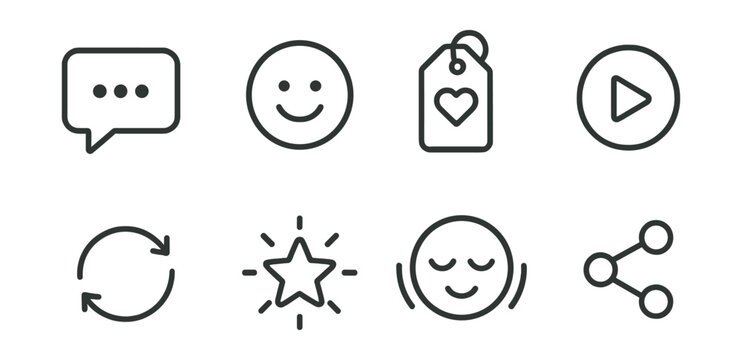 Line vector icons of daily affirmation tools: quote bubble, positive icon, mantra tag, voice play, repeat loop, star glow, calm tone, share button.