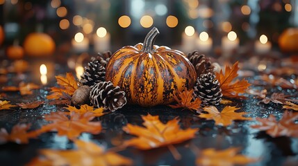Autumnal pumpkin centerpiece with fall decor