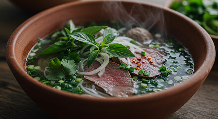 Traditional Vietnamese pho steaming in a rustic bowl, vibrant herbs and spices visible.