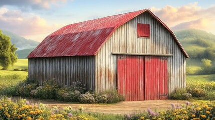 Obraz premium Charming Rustic Barn with Red Roof Amidst Lush Green Fields and Wildflowers Ideal for Farmhous
