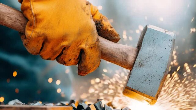 Hammer with wooden handle held by hand yellow glove hitting metal with sparks flying showing strong
