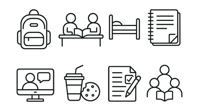 Line vector icons of student life: backpack icon, study session, dorm bed, lecture note, online class, snack break, exam paper, group study.