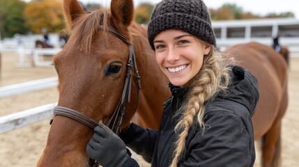 A young girl smiles while standing beside a brown horse, capturing a moment of connection with nature. This reflects the bond between humans and animals in an outdoor setting.