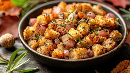 Autumnal stuffing, seasoned and golden.  Crisp bread crumbs mixed with saut?ed onions and herbs