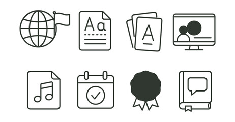 Line vector icons of language courses: flag globe, grammar icon, flashcards, lesson video, audio file, daily goal, achievement badge, phrasebook.