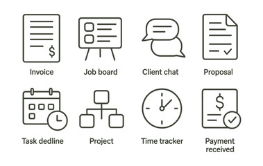 Line vector icons of freelance tools: invoice sheet, job board, client chat, proposal file, task deadline, project icon, time tracker, payment received.
