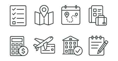 Line vector icons of travel planner apps: trip list, destination pin, itinerary icon, packing checklist, travel budget, flight info, hotel booking, travel notes.