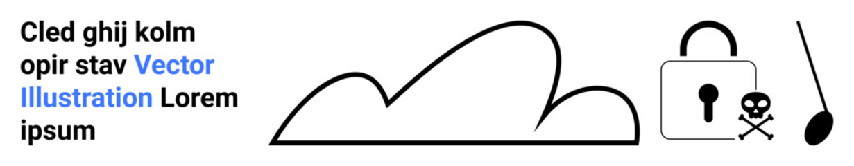 Cloud silhouette alongside a padlock, skull, and malware element highlighting cybersecurity and cloud safety. Ideal for technology, data protection, online security, risks, storage privacy, warnings