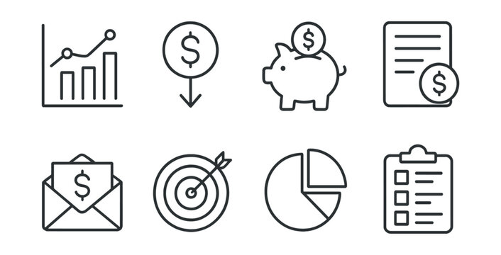 Line vector icons of budgeting apps: spending chart, income source, savings tracker, recurring bill, envelope budget, goal target, pie diagram, cost breakdown.