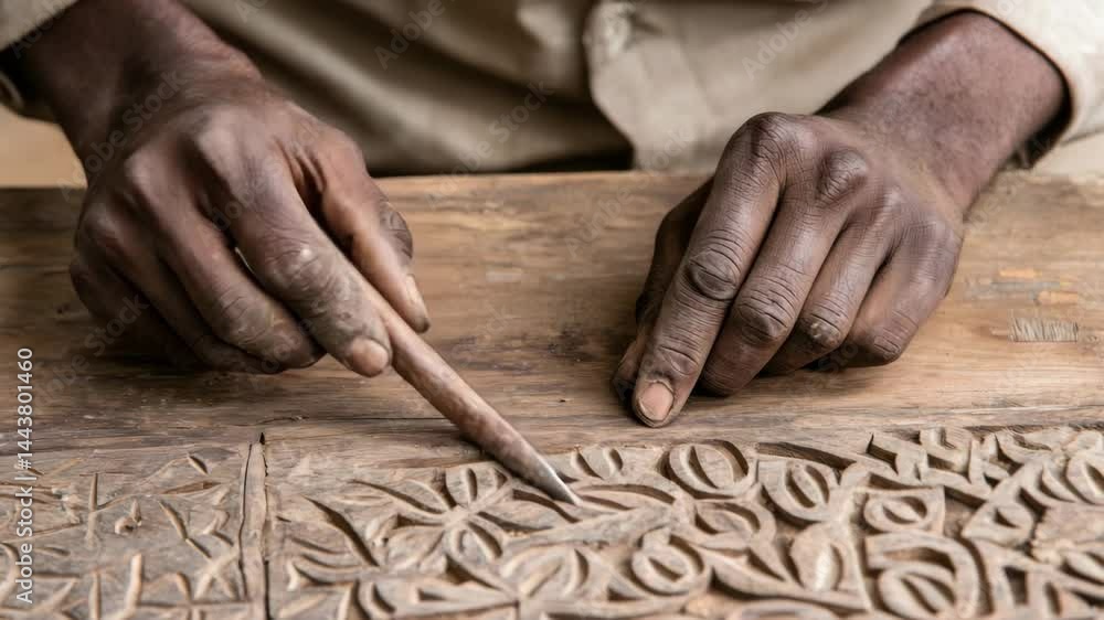 Poster wood carving hand craft artisan using chisel creating detailed pattern on wooden surface