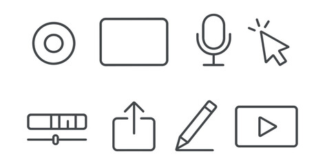 Line vector icons of screen recorder tools: record button, screen frame, mic toggle, cursor icon, video timeline, export icon, annotation tool, preview screen.