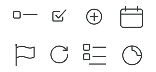 Line vector icons of to-do list apps: task item, completed check, add task, due date, priority flag, recurring task, subtask icon, progress circle.