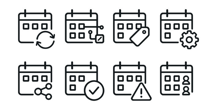 Line vector icons of smart calendar integrations: synced icon, connected apps, meeting tag, automated entry, calendar share, event status, conflict alert, invite list.