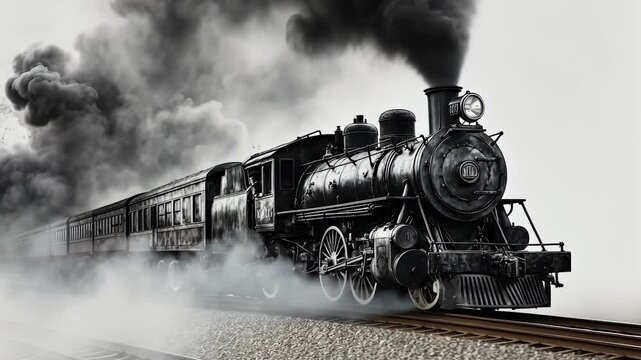 A black steam locomotive moves forward on railway tracks, surrounded by billowing smoke. The vintage train exudes power and motion, reflecting historical transportation methods.