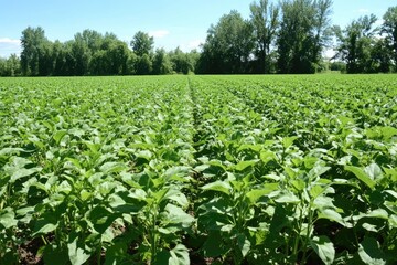 Lush green field of young plants, likely agricultural crop, stretches to a line of trees under a vibrant blue sky  Healthy growth, evenly spaced plants, suggesting careful cultivation
