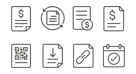 Line vector icons of electronic invoices: e-bill icon, billing cycle, invoice form, total amount, QR invoice, download receipt, payment link, due date.