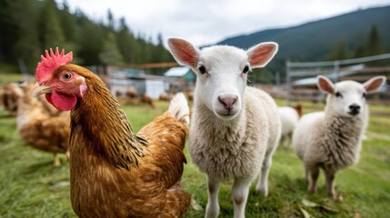 Obraz premium This delightful image showcases chickens roaming freely alongside fluffy sheep in a verdant meadow, celebrating the essence and harmony of farm life and animal companionship.