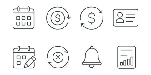 Line vector icons of recurring payments: calendar icon, auto debit, payment cycle, subscription icon, edit schedule, cancel recurring, notification icon, summary report.