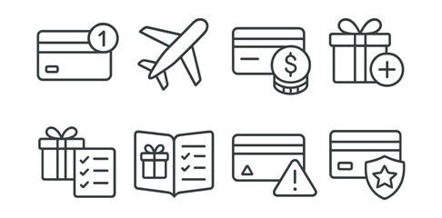 Line vector icons of credit card rewards: points icon, travel rewards, cashback tier, bonus icon, reward history, redemption catalog, offer alert, loyalty status.