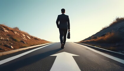 Businessman walking towards success on open road urban landscape high-resolution image inspirational viewpoint journey concept