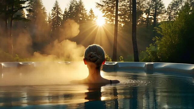 Woman soaking in steaming hot tub surrounded by forest during sunrise