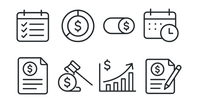 Line vector icons of loan repayment: EMI schedule, repayment progress, auto debit toggle, next due date, payment history, penalty icon, repayment graph, edit plan.