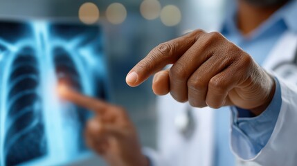 A professional in a white coat points at a lung x-ray, underlining the importance of thorough examination and clear communication in healthcare settings for better patient outcomes.