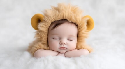 Baby in Lion Costume Soft Plush Style High-Resolution Soft Lighting Portrait Close-Up View Peaceful Sleep Pose White Furry Background Creamy Warm Tones Ideal for Baby Products