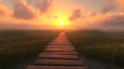 Fototapeta premium Scenic wooden pathway at sunset peaceful grassland landscape sky red art calm field quiet green image